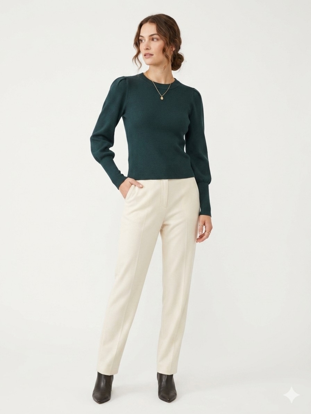 H&M Dark Green Puff-Sleeve Knit Top
